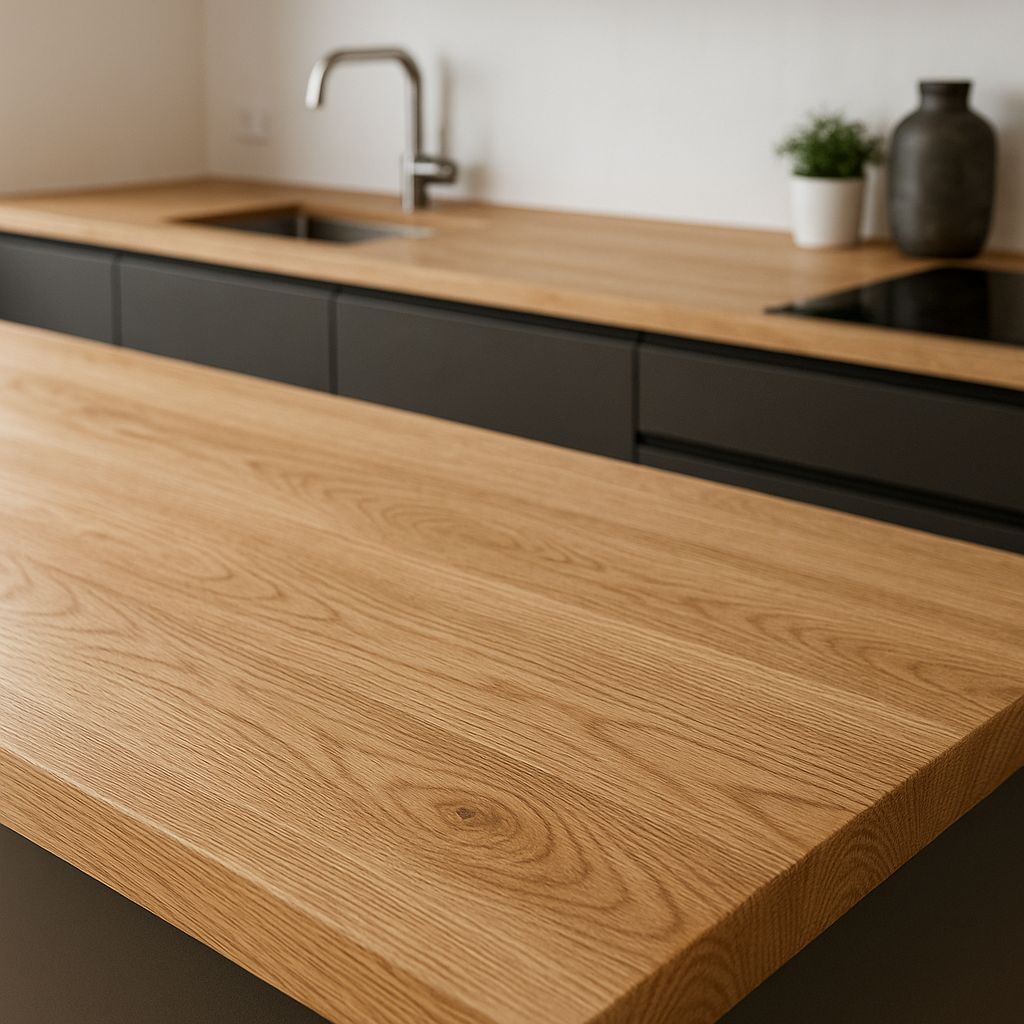 Ile kosztuje kuchnia na wymiar od stolarza? Przykładowe ceny w 2026 roku 2 Blat z litego drewna z widocznymi słojami