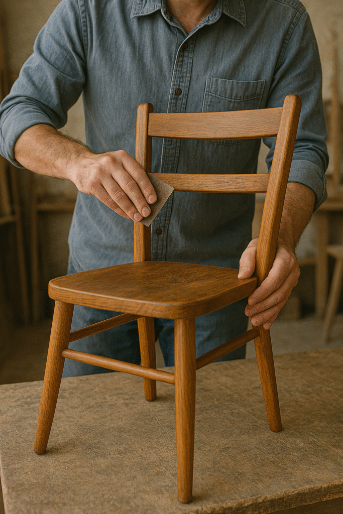 Jak prawidłowo lakierować drewno? 5 najczęstszych błędów, których musisz uniknąć 2 Renowacja krzesła drewnianego – odświeżenie i naprawa.