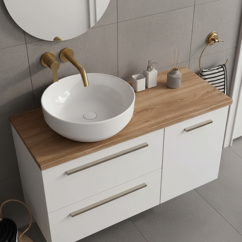 Blaty drewniane w łazience – czy to dobry pomysł? Wady i zalety 3 Blat olejowany do łazienki – lity, drewniany, odporny na wilgoć