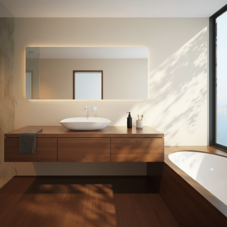 Blaty drewniane w łazience – czy to dobry pomysł? Wady i zalety 4 Blat do łazienki lity – blat drewniany z naturalnego dębu, odporny na wilgoć