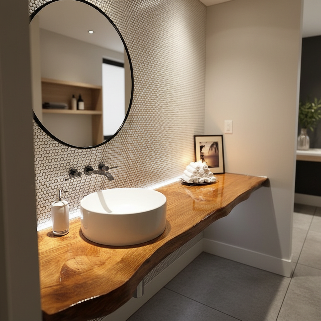 Blaty drewniane w łazience – czy to dobry pomysł? Wady i zalety 2 Stół z drewna egzotycznego – naturalne piękno.