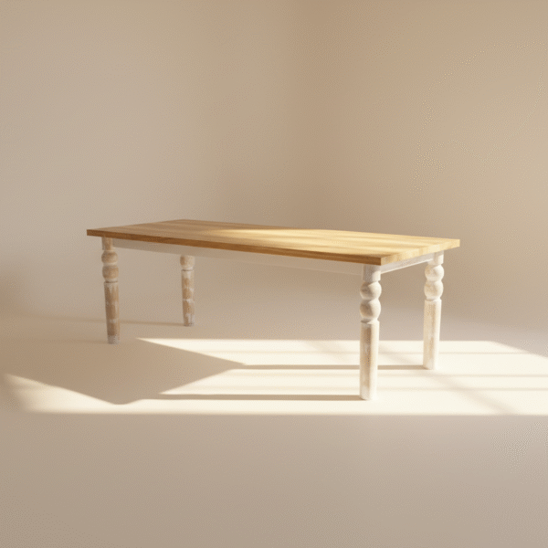 BIRKUT – elegancki stół z jasnego dębu Stół BIRKUT – drewniany blat w jasnym odcieniu dębu i białe toczone nogi