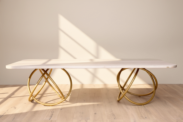 Stół dębowy ENKLAWA Stół dębowy ENKLAWA – elegancki stół z jasnego drewna dębowego i złotymi nogami