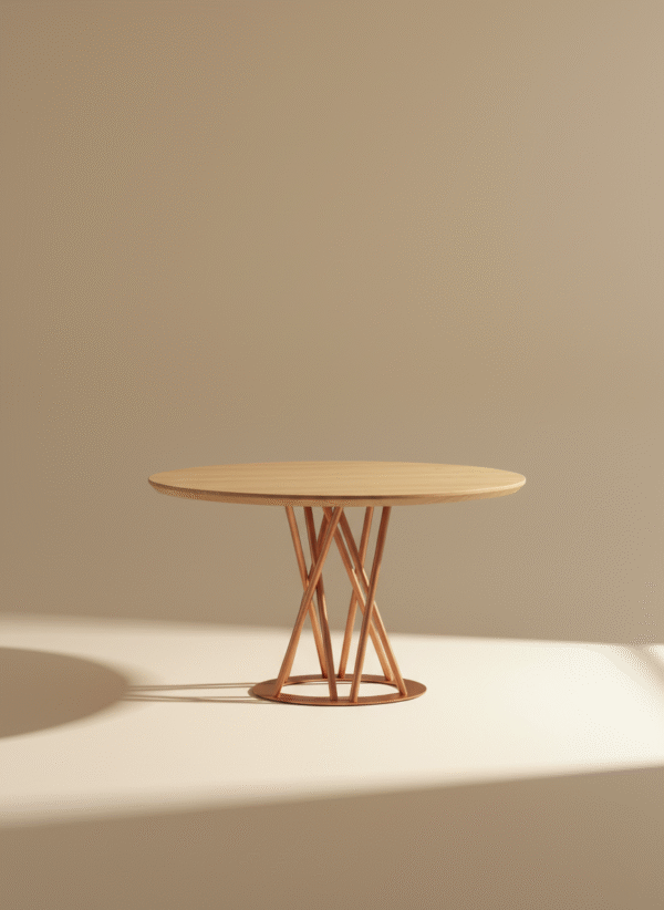 Stół NOMU półokrągły Stół NOMU – półokrągły blat dębowy i nogi w kolorze różowego złota