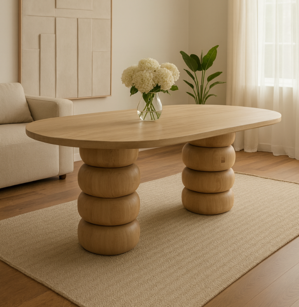 Stół drewniany GALICJA Stół drewniany GALICJA – półokrągły blat i toczone nogi w stylu japandi