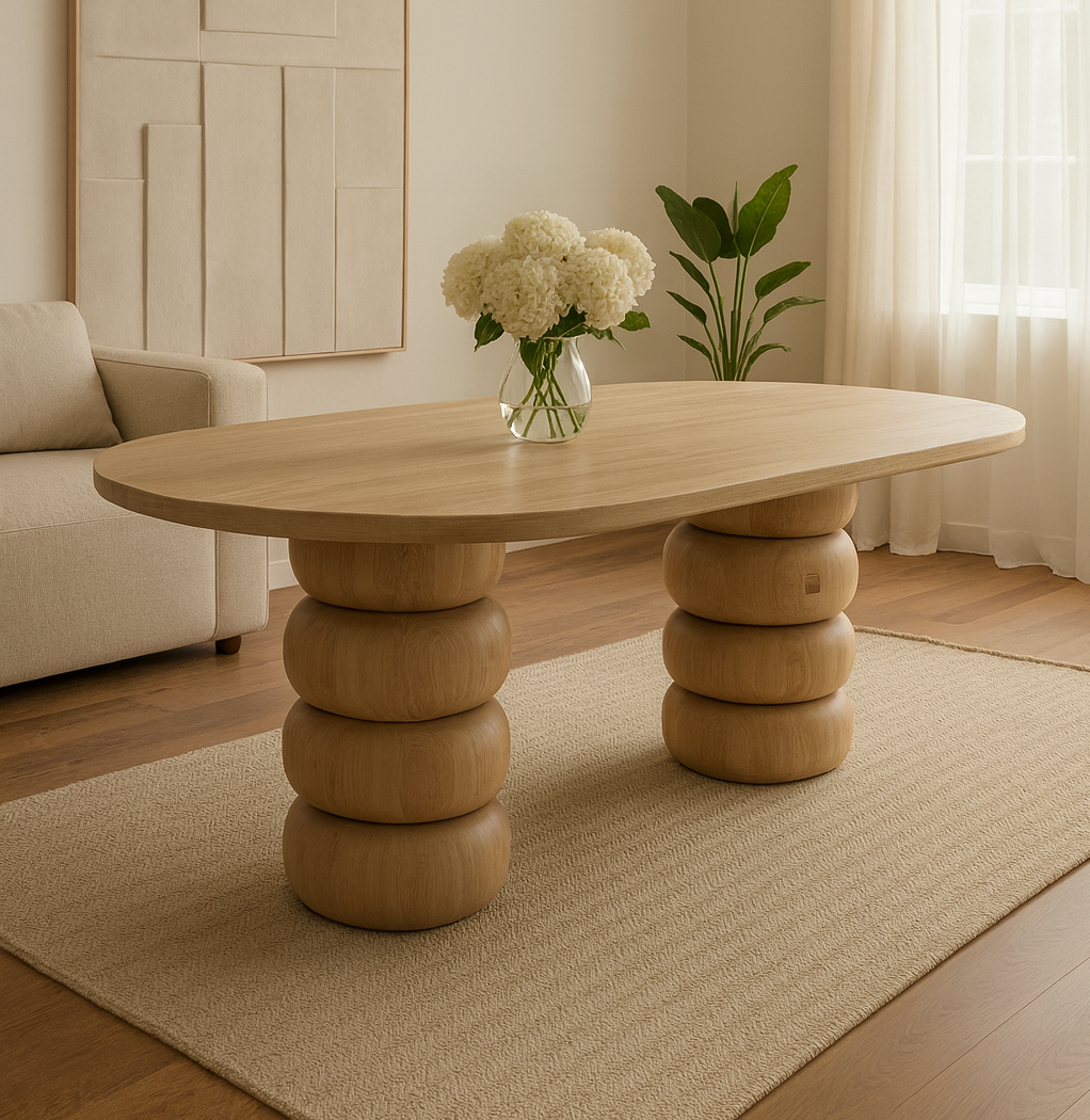 Stolarz Warszawa – jak wybrać dobrą stolarnię? 6 Stół drewniany GALICJA – półokrągły blat i toczone nogi w stylu japandi