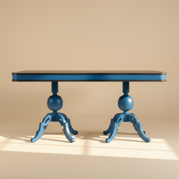 Stół ORLIK – dębowy stół lakierowany na kolor niebieski z ozdobnymi nogami, styl vintage