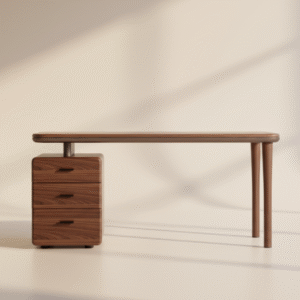Jakie drewno na schody? Porównanie trwałości, ceny i wyglądu 6 Biurko DRZEWIA – drewniane, z zaokrąglonymi krawędziami i szafką z szufladami