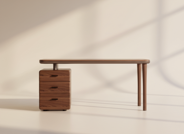 Biurko drewniane na wymiar – jakie drewno wybrać i dlaczego? 5 Biurko DRZEWIA – drewniane, z zaokrąglonymi krawędziami i szafką z szufladami