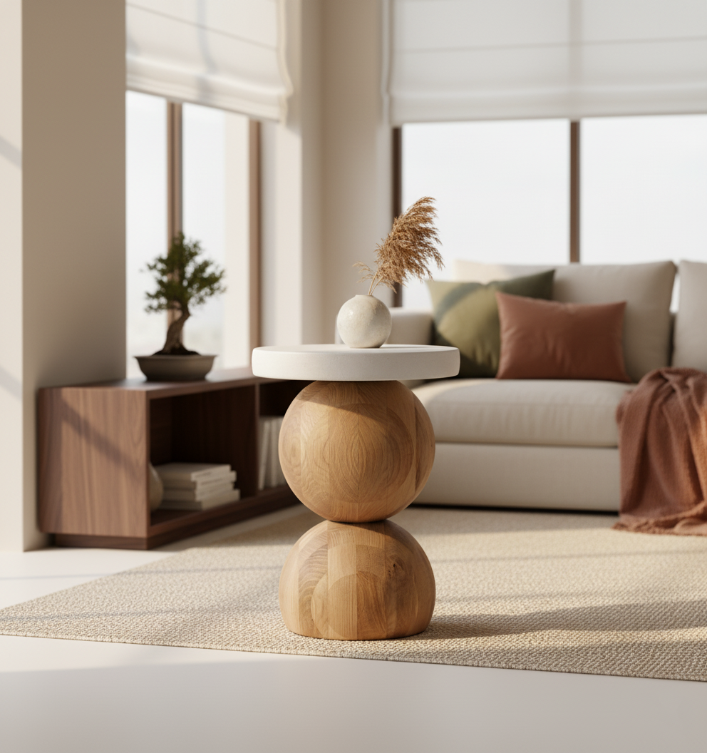 Stolik DOBRZA – drewniana podstawa, biały okrągły blat, styl boho, stolik kawowy