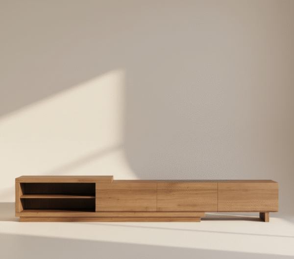 PROMIEŃ – szafka RTV dębowa w stylu skandynawskim PROMIEŃ – szafka RTV dębowa, styl skandynawski i Japandi, wykonana na zamówienie