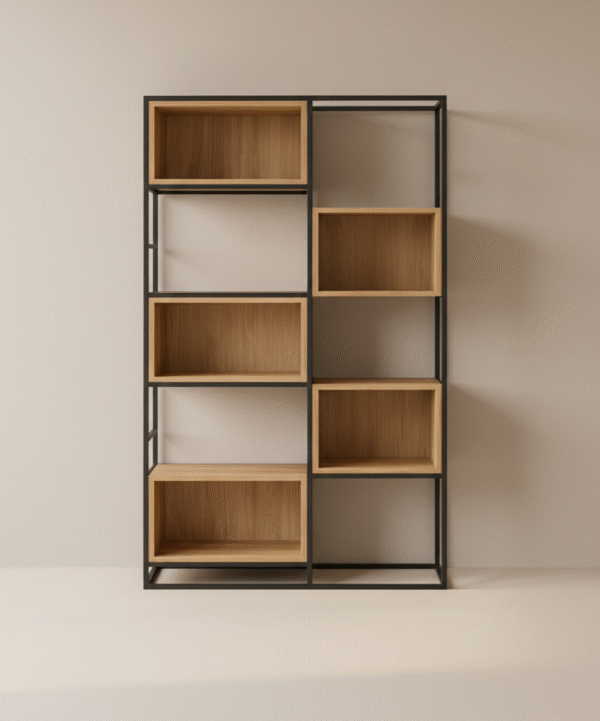 Bukor – drewniany regał z metalowymi nogami Bukor – drewniany regał z metalowymi nogami w stylu rustykalnym do biura i nowoczesnego domu