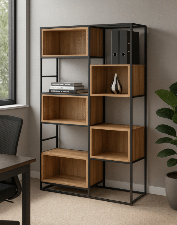 Bukor – rustykalny regał drewniany do biura i domu Regał Bukor – rustykalny drewniany regał na metalowych nogach pasujący do nowoczesnego domu i biura