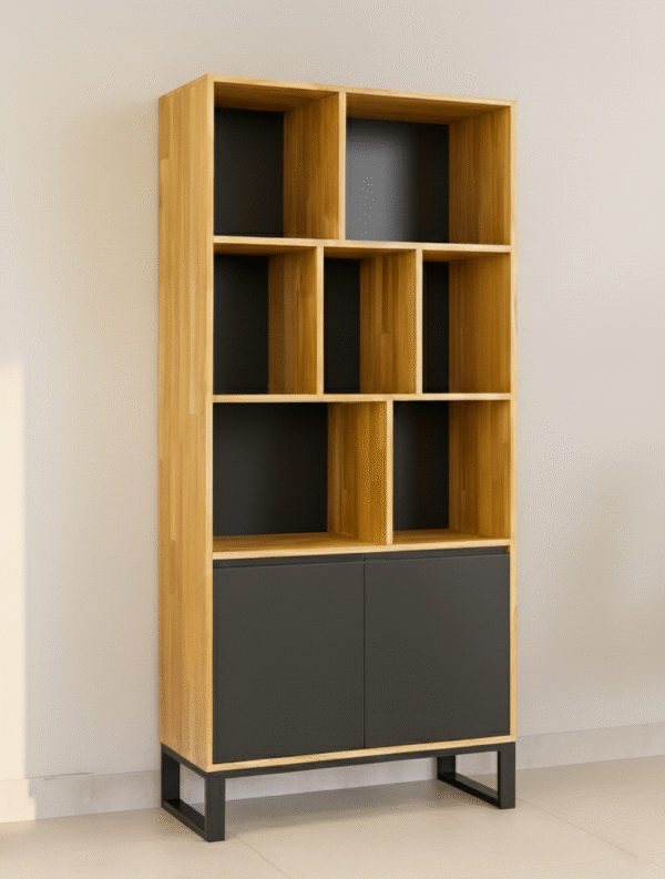 Bukowa – drewniany regał biurowy z metalowymi nogami Bukowa – drewniany regał z metalowymi nogami w stylu rustykalnym do nowoczesnego biura