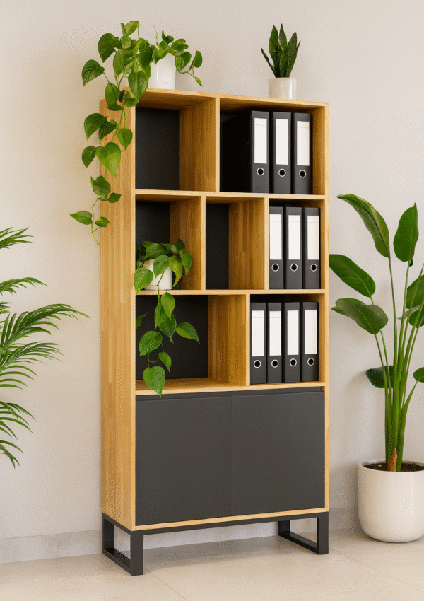 Bukowa – rustykalny drewniany regał do biura Regał Bukowa – rustykalny drewniany regał biurowy na metalowej podstawie, idealny do dokumentów