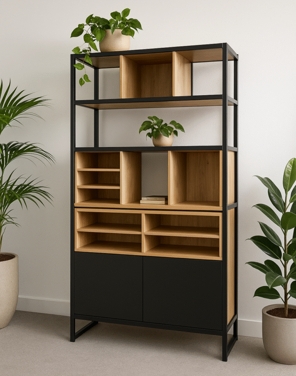 Zarośl – rustykalny regał drewniany do salonu Regał Zarośl – rustykalny drewniany regał na metalowych nogach do salonu