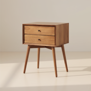 Łóżka drewniane do sypialni - zainwestuj w dobre samopoczucie! 6 Stół MECH – dąb lakierowany na brązowo, cztery stożkowe nogi, styl art deco i nowoczesny