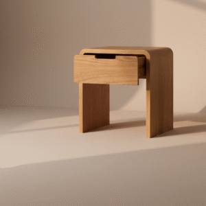 Łóżka drewniane do sypialni - zainwestuj w dobre samopoczucie! 9 Stolik nocny PUSZCZA – dębowy stolik z szafką, zaokrąglone boki, styl Japandi