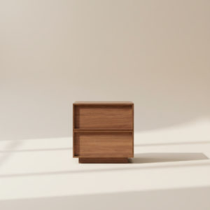 Łóżka drewniane do sypialni - zainwestuj w dobre samopoczucie! 8 Stolik nocny POWIA – dębowy, dwie szuflady, delikatne nogi, styl Japandi, nowoczesny design