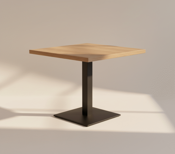 KROSNA – stolik z litego drewna i stalowej nogi z kwadratową podstawą Stolik KROSNA – drewniany blat, stalowa noga, kwadratowa podstawa, restauracyjny