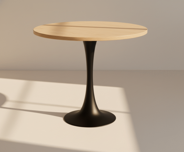 WIROLA – stolik kawiarniany z drewnianym blatem i metalową podstawą Stolik WIROLA – drewniany blat, czarna okrągła podstawa, stolik kawiarniany