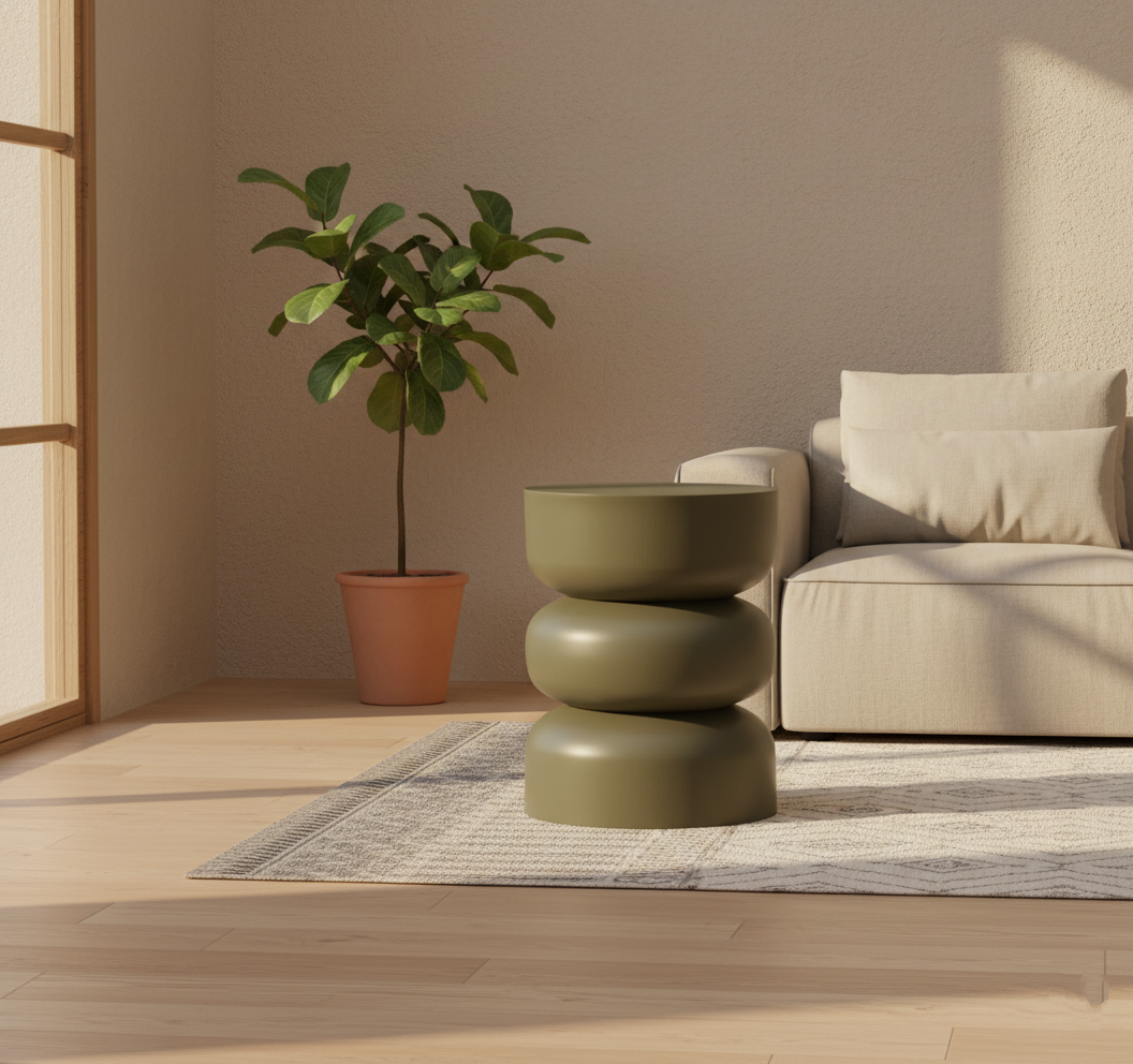 Stolik ZIELUNA – drewniany, zielony dąb, połączone kule, styl boho i skandynawski