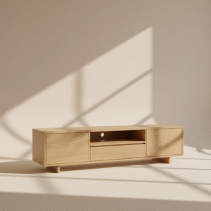 Jak pielęgnować o meble z litego drewna? 7 LISTEK – szafka RTV z litego dębu na delikatnych nóżkach, styl Japandi i skandynawski