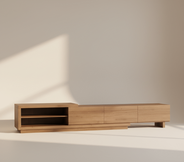 PROMIEŃ – szafka RTV z litego dębu PROMIEŃ – szafka RTV z litego drewna dębowego, styl Japandi, nóżki drewniane