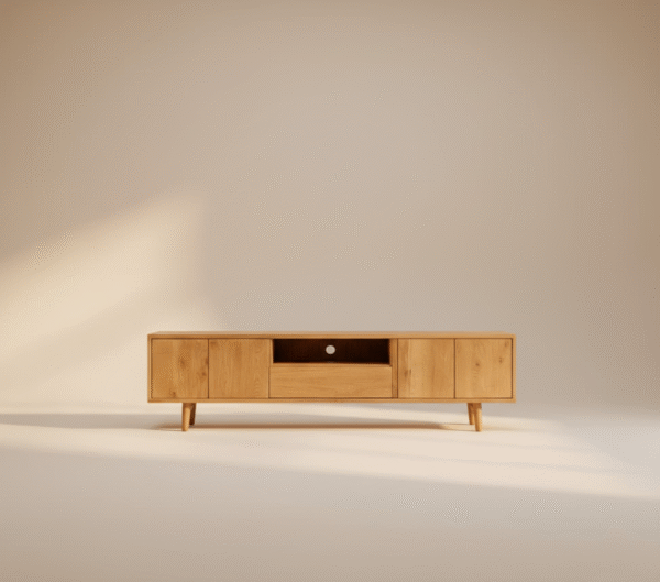 ROSA – szafka RTV dębowa Japandi ROSA – dębowa szafka RTV w stylu Japandi i skandynawskim, na delikatnych nóżkach