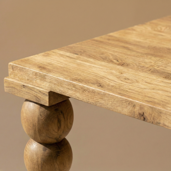 Nowoczesny stół dębowy z toczonymi nogami w kształcie kul.