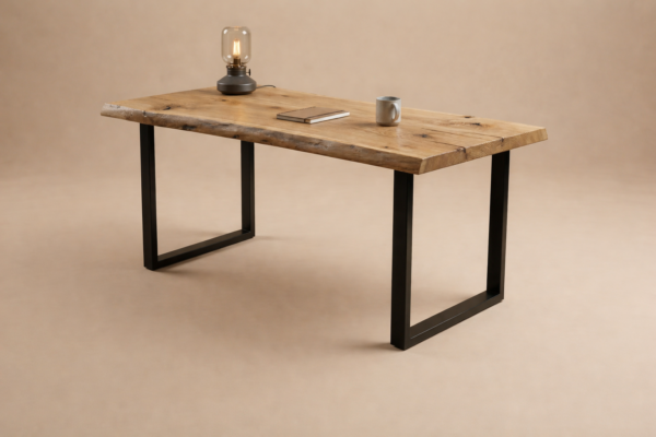 RIVER – nowoczesne biurko dębowe z naturalną linią drewna Nowoczesne biurko RIVER z dębowym blatem typu live edge i metalowymi nogami