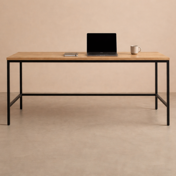 Biurko drewniane STRUMIEŃ – jasny dębowy blat na czarnej metalowej ramie