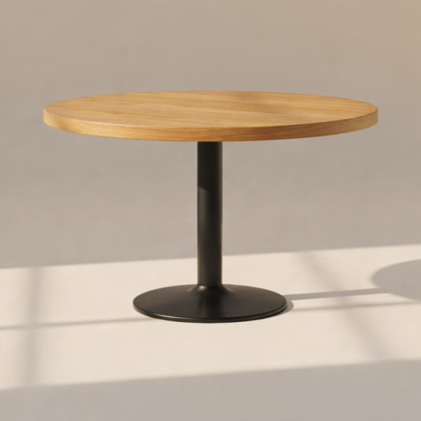 Stół LUBRA – okrągły blat z litego dębu i metalowa podstawa