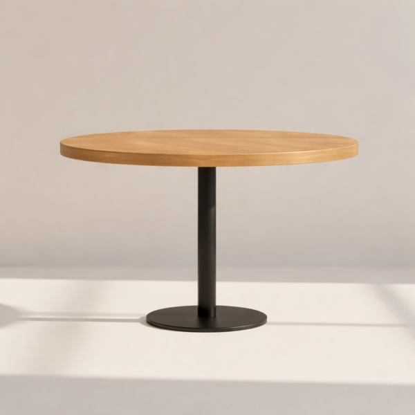 Stół TARNIA – okrągły blat z dębu lakierowanego na kolor brązowy