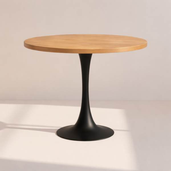 Stół WIROLA – okrągły blat z dębu lakierowanego na kolor brązowy