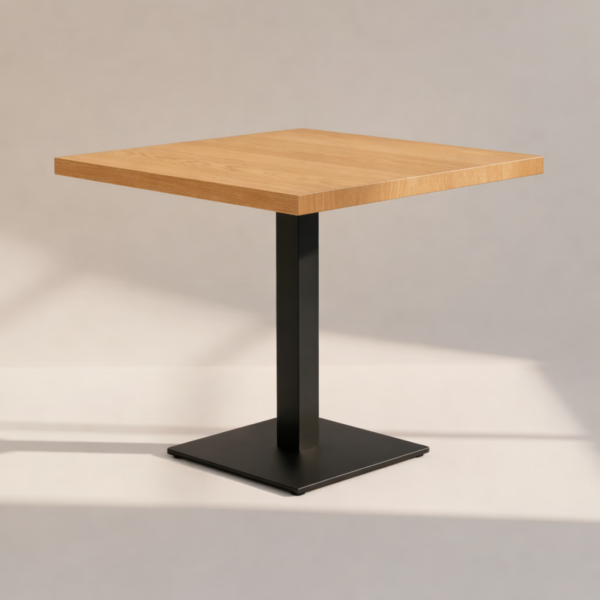 Stół restauracyjny ZORLA – kwadratowy blat z litego dębu i metalowa podstawa