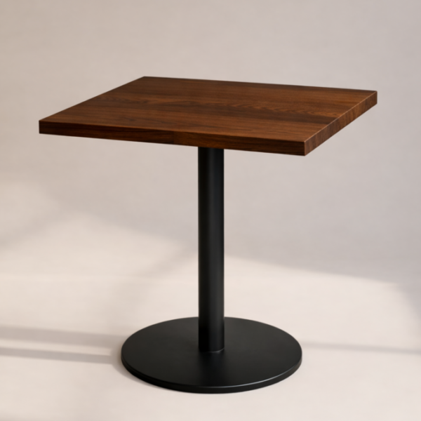 Stolik RESTRO – blat z dębu lakierowanego na kolor brązowy i metalowa podstawa