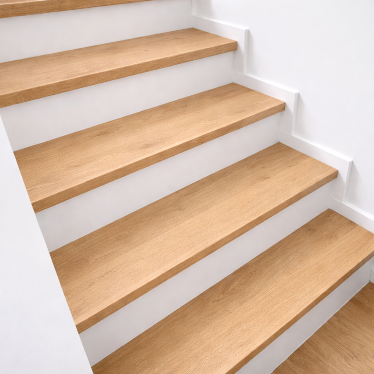 Jak dobrać klejonkę do schodów? 3 Stopnie schodowe z jasnego dębu – proste trepy o delikatnym usłojeniu