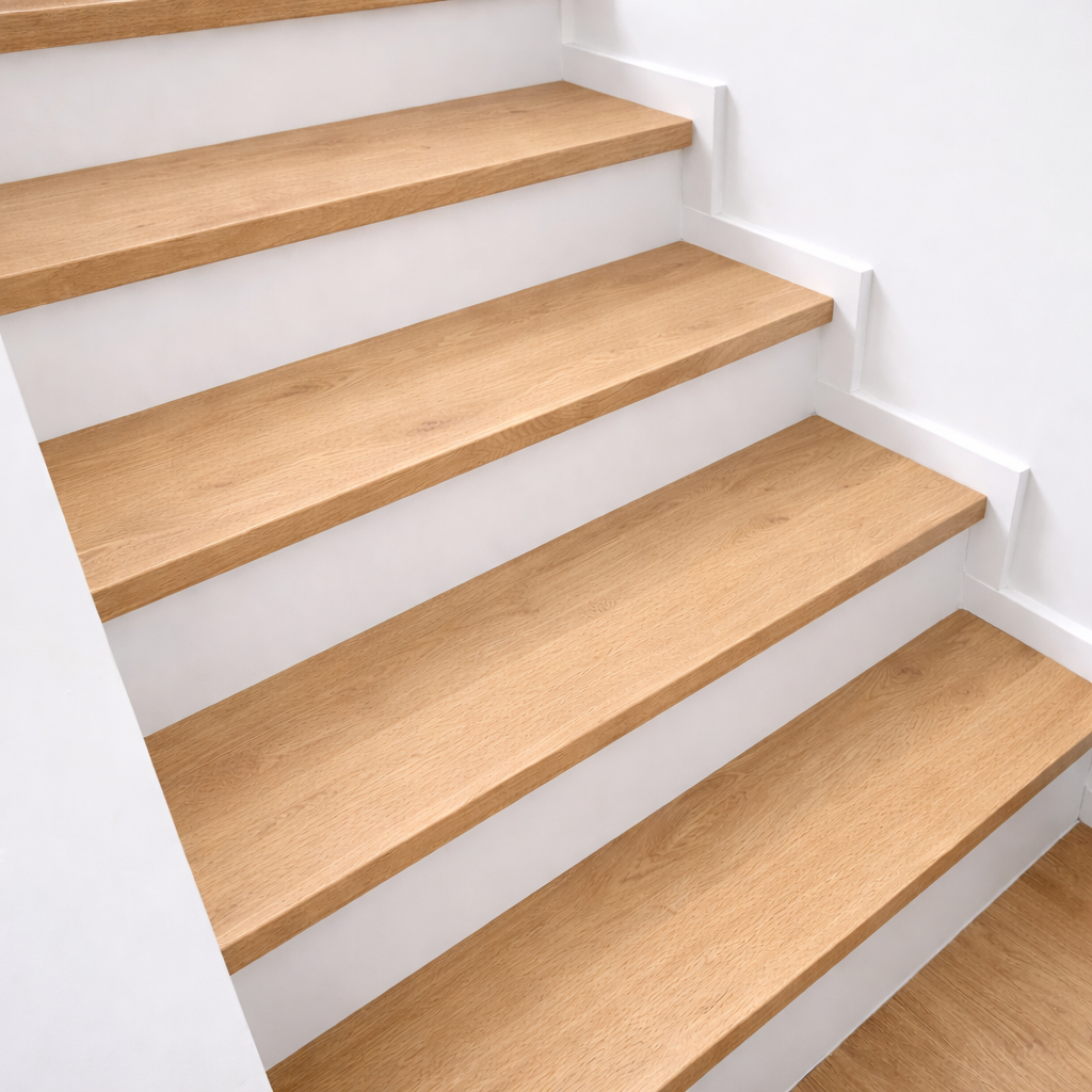 Jak dobrać klejonkę do schodów? 1 Stopnie schodowe z jasnego dębu – proste trepy o delikatnym usłojeniu