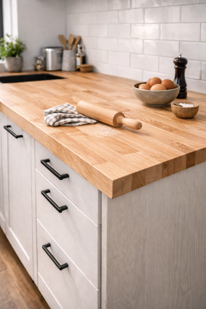 Blat drewniany na wymiar w Warszawie – ile kosztuje w 2026? 2 Blat bukowy lity do kuchni w jasnym kolorze