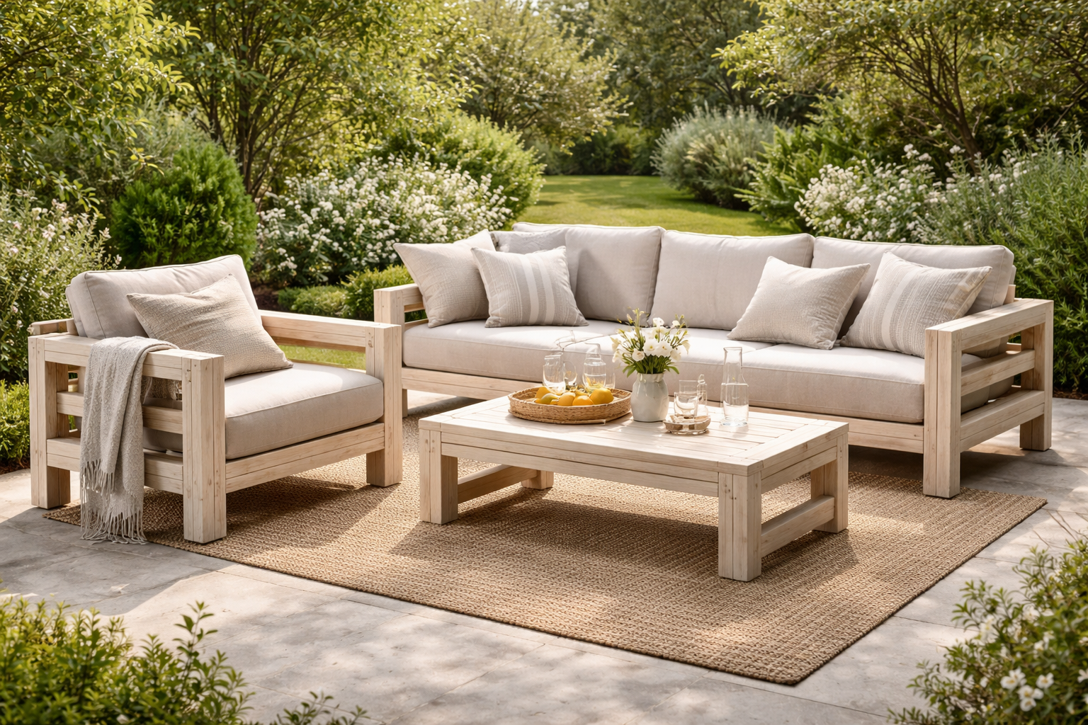 Meble ogrodowe drewniane - jak stworzyć zestaw na taras? Inspiracje i pomysły 1 Drewniany komplet wypoczynkowy do ogrodu – fotele, kanapa i stolik kawowy