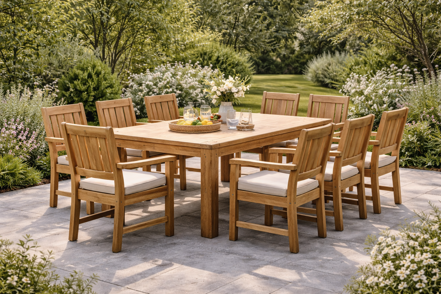 Meble ogrodowe drewniane - jak stworzyć zestaw na taras? Inspiracje i pomysły 2 drewniany stol ogrodowy z krzeslami