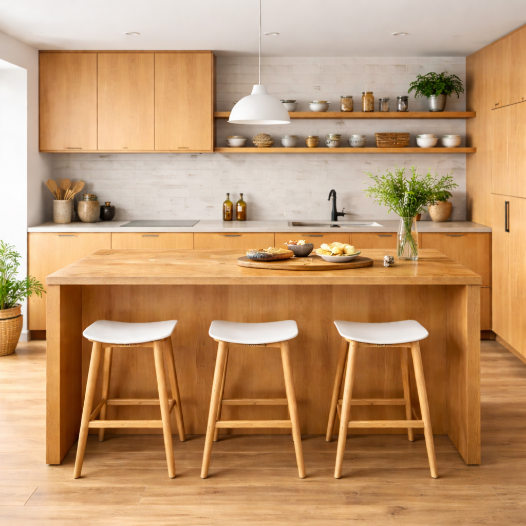 Najlepsze drewno na blat kuchenny – ranking gatunków 2026 1 Minimalistyczna kuchnia drewniana z wyspą i blatem z litego drewna